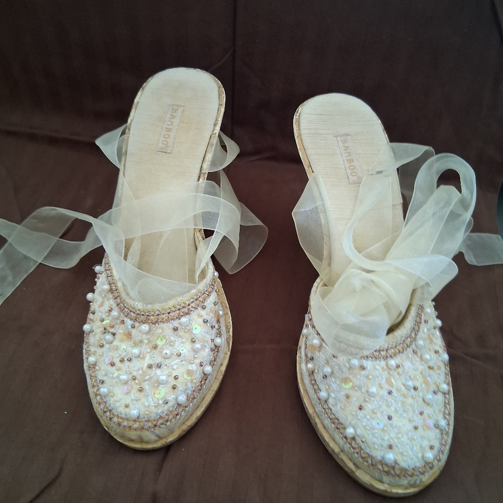BAMBOO Cream Beaded Mules with Ribbon